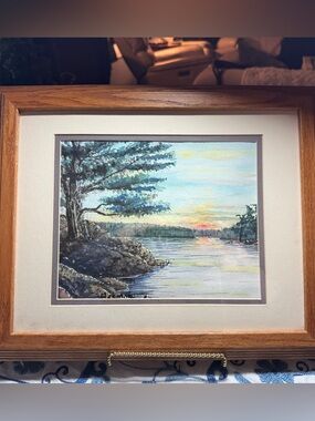 Framed Lakeside Sunset Watercolor Print in Green and Blue